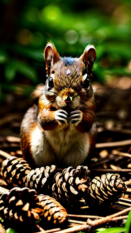 A little squirrel brings pine cones home,Happy expression,