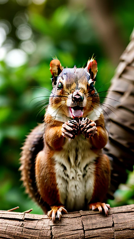A little squirrel brings pine cones home,Happy expression,