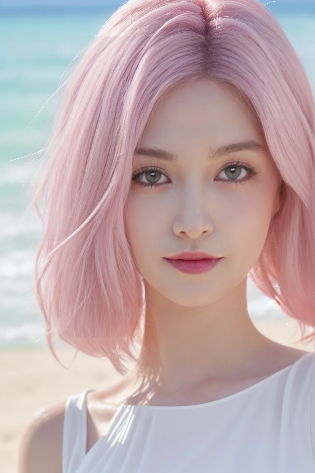 face,close-up,1girl,pink hair,white dress,Beach background