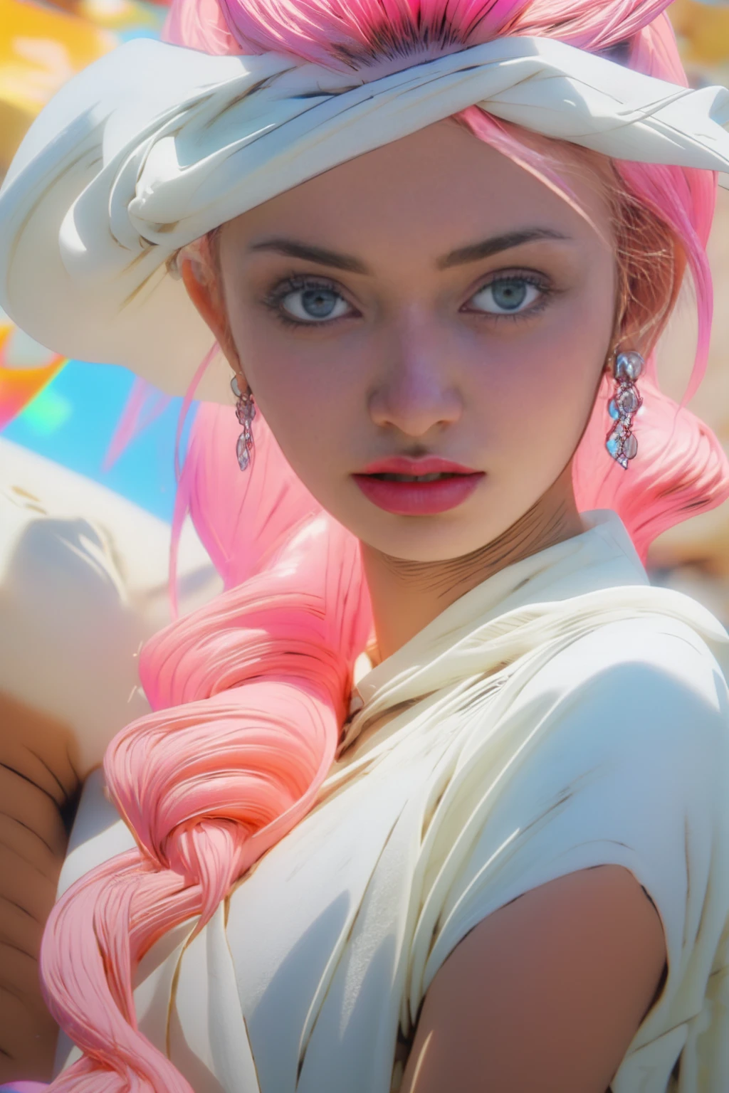 face,close-up,1girl,pink hair,white dress,Beach background
