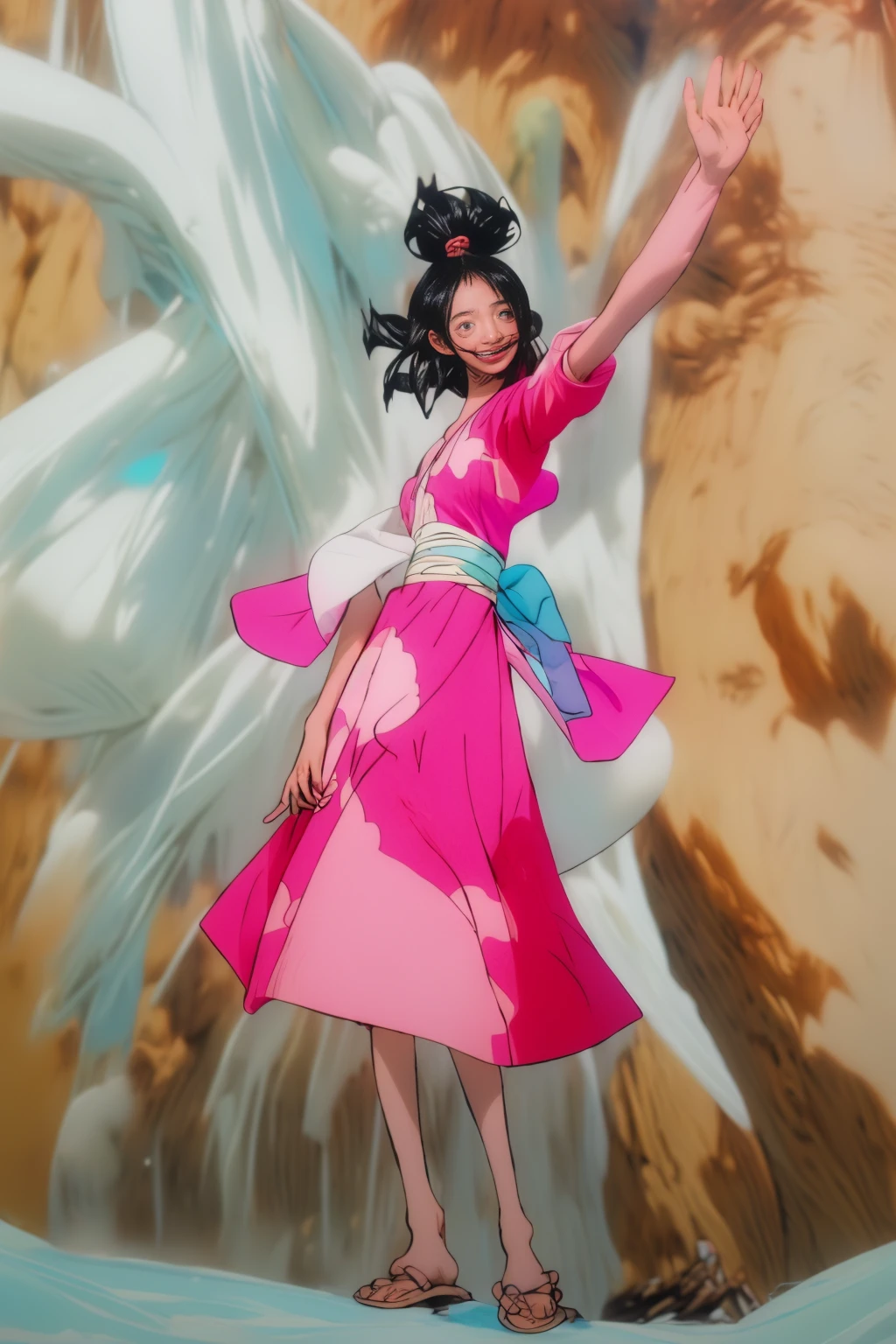 A girl waving, anime.