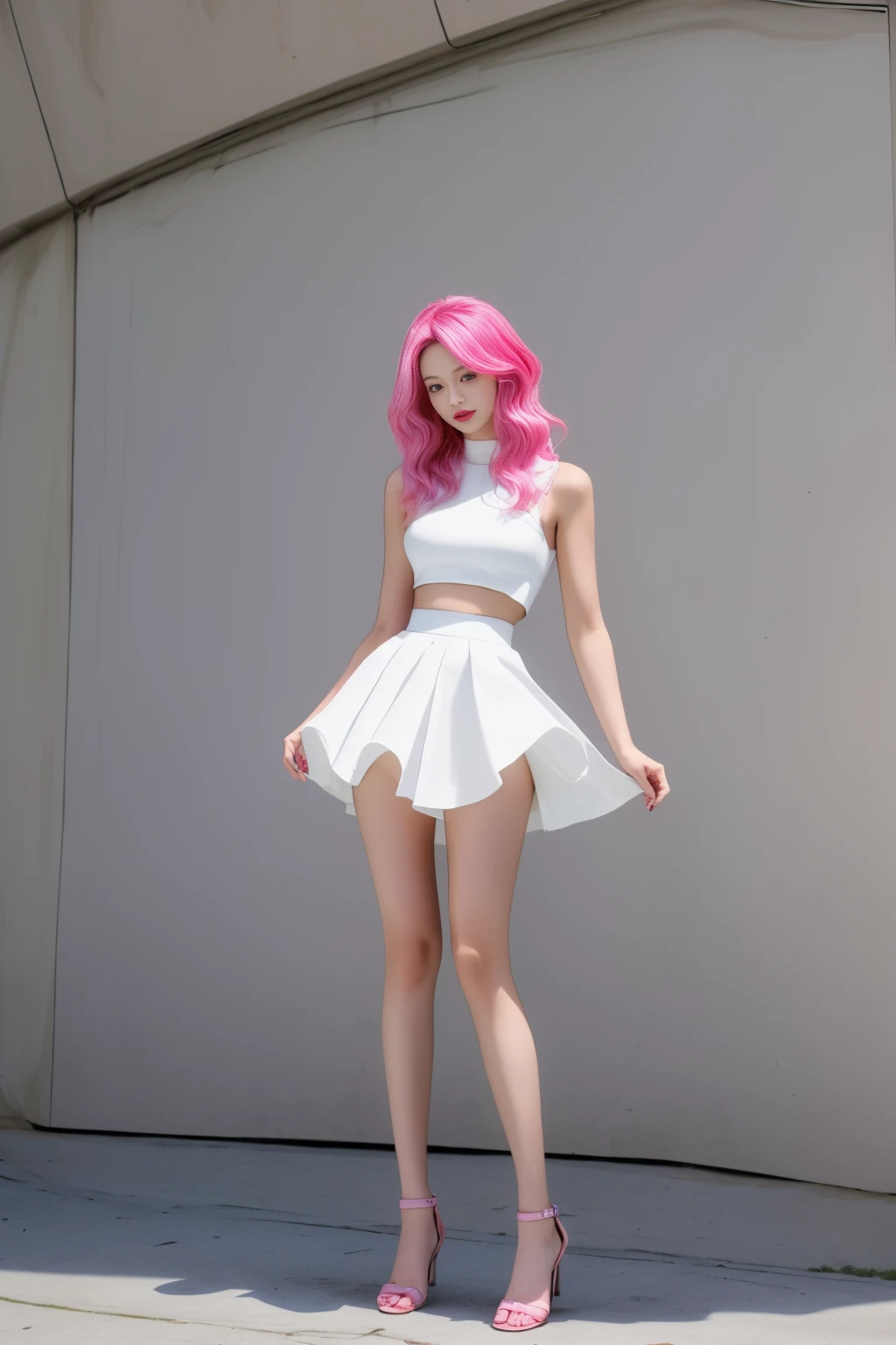 A girl, full body, pink hair, white skirt