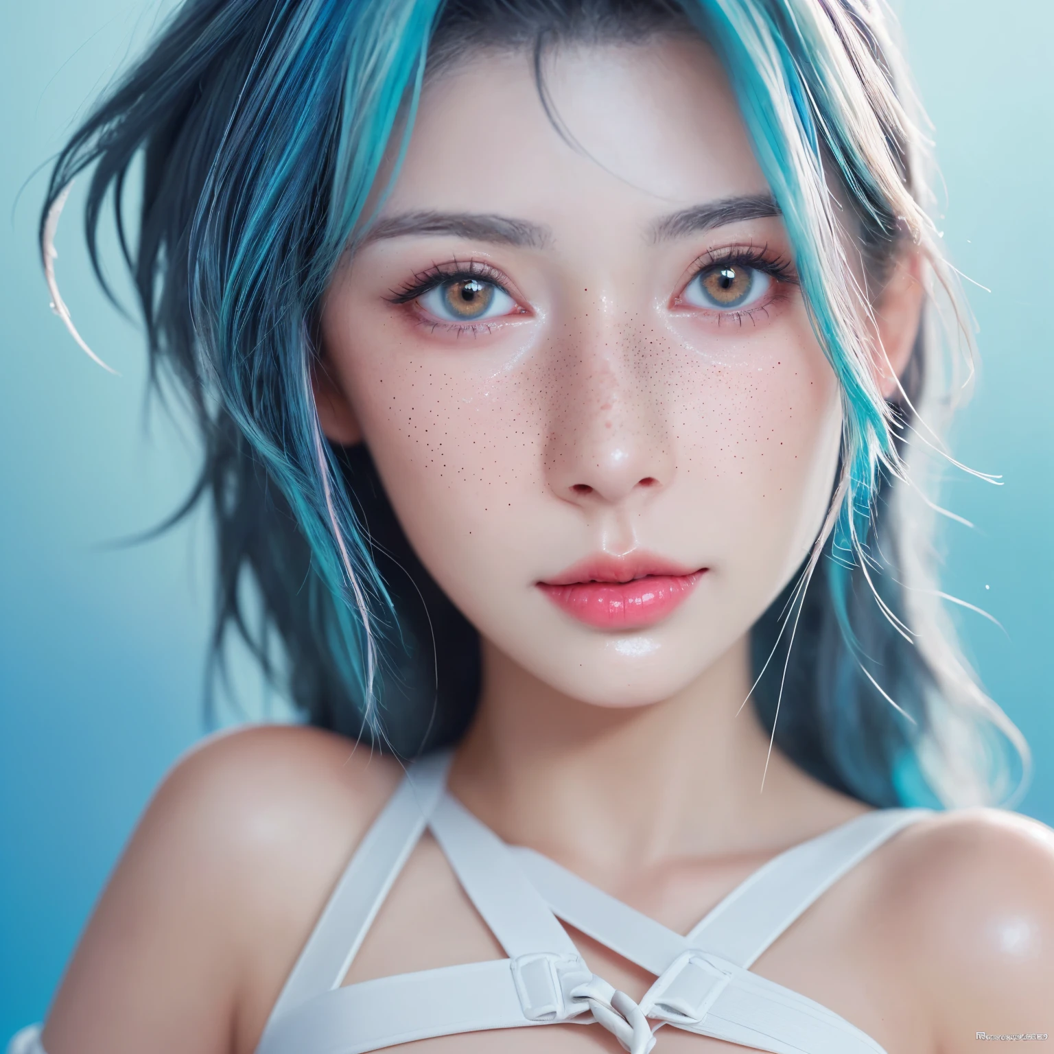 ((ultra-fine)),((bright eyes)), (meticulous eyes) , 8,000, Blink Blink, (Fake Freckles Makeup Artist), ((realistic skin on accumulated water)), ((Focus on the details of the two thin straps on the shoulder of the dress)) , ((Glossy Facial Skin)), Has colored hair and colored dress, RossDraws Soft Vitality, rossdraws cartoon vibrant, style anime 8,000, Beautiful Portrait, Art germs are colorful!!!, ! Dream Art, pretty anime girl, styled digital art, art wallpaper 8,000, digital art, extremely detailed artgerm style,