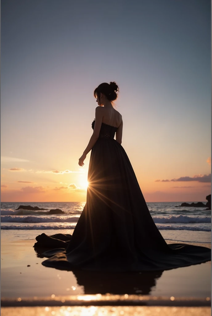 high quality,8k ultra high definition,美丽的Doubleexposure,Combining the silhouette of the goddess with the sunset coast, sunset coast should be used as the bottom background,Details are integrated into the silhouette of the goddess,Clear lines,The background is a monochromatic ,Focus sharp,Doubleexposure,Created by yukisakura,Gorgeous full color
