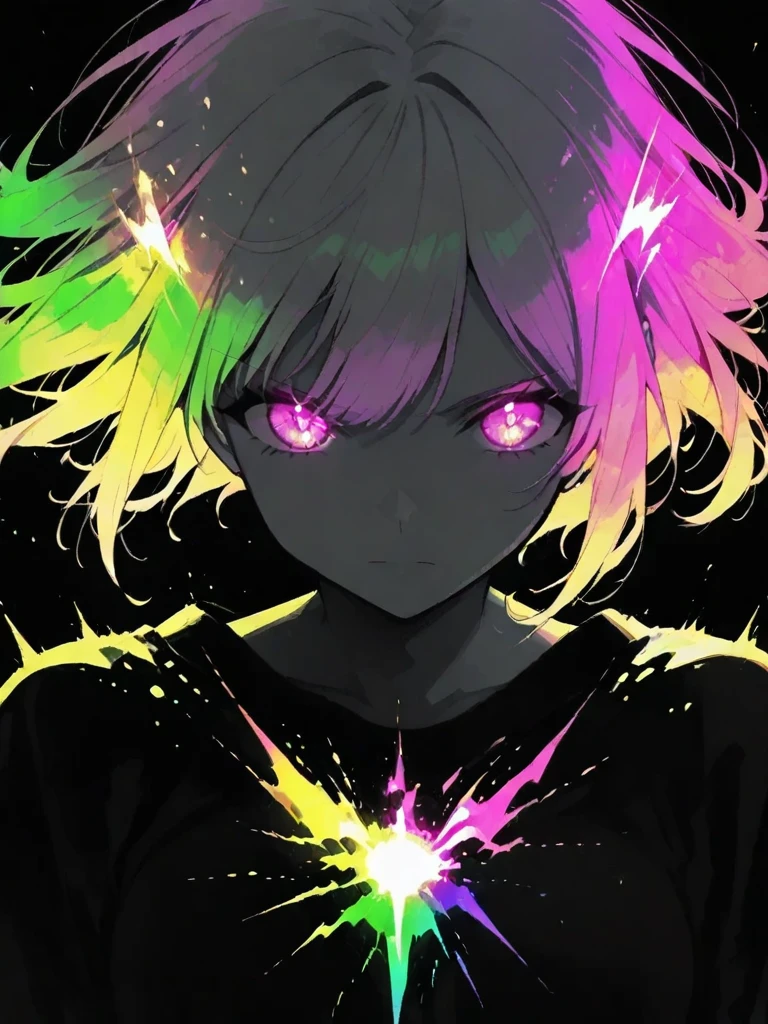 score_9, score_8_up, score_7_up, masterpiece, source_anime,1girl ,Limited Palette , black background, colorful ,Glowing Contours,neon, black light,detail eyes,iris,dynamic motion