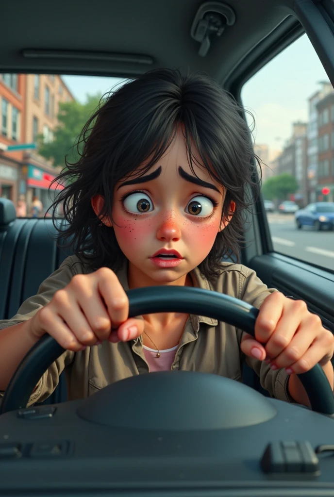 A young woman hit by a car , pixar style, cinematic, masterpiece, high-aesthetic 