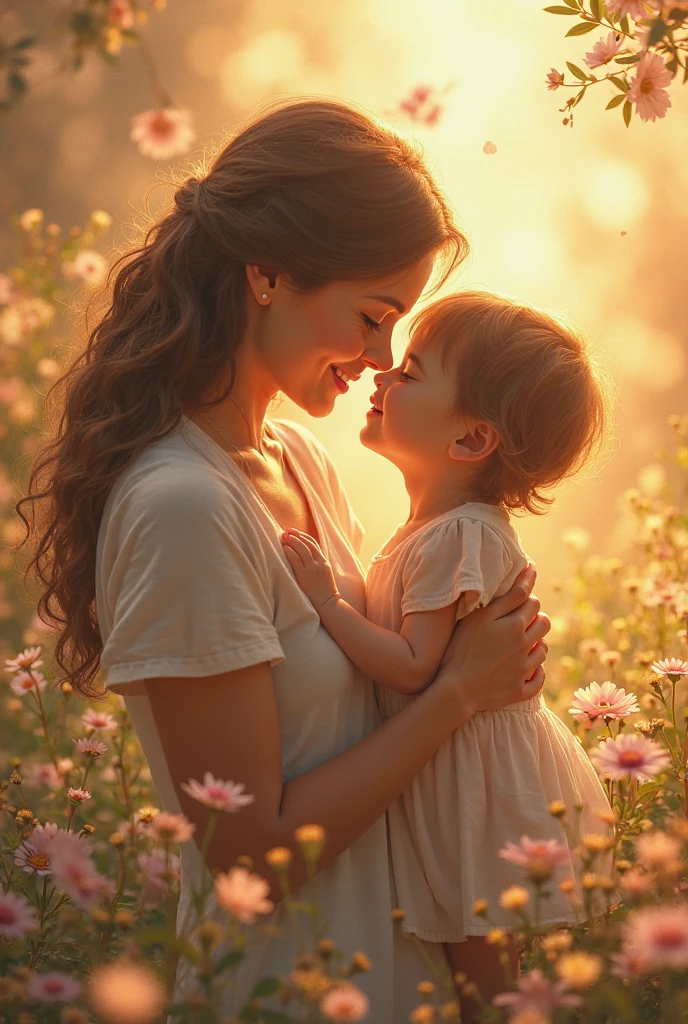 A 36-year-old Brazilian mother and her fair-skinned 3-year-old daughter in a beautiful garden, both wearing a beautiful dress