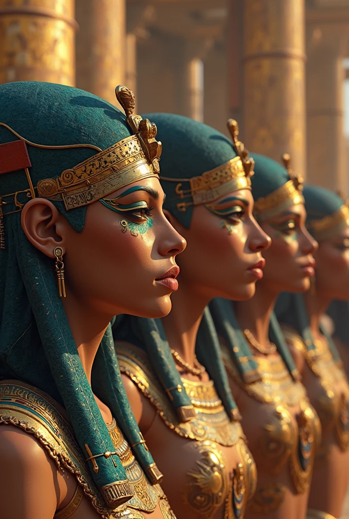 make me a creative egyptian collage with it's historical figures in striking glittery effects
