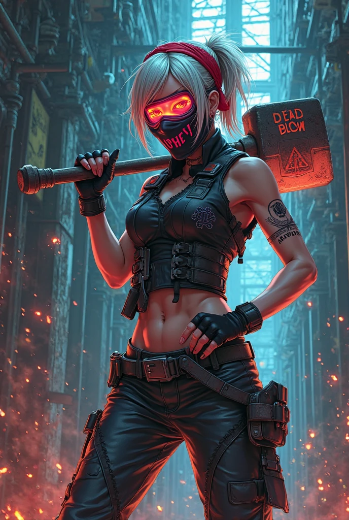 Avatar gamer naked woman wallpaper holding a spiked sign with the word DAZKER wearing a toxic gas mask in 3D style