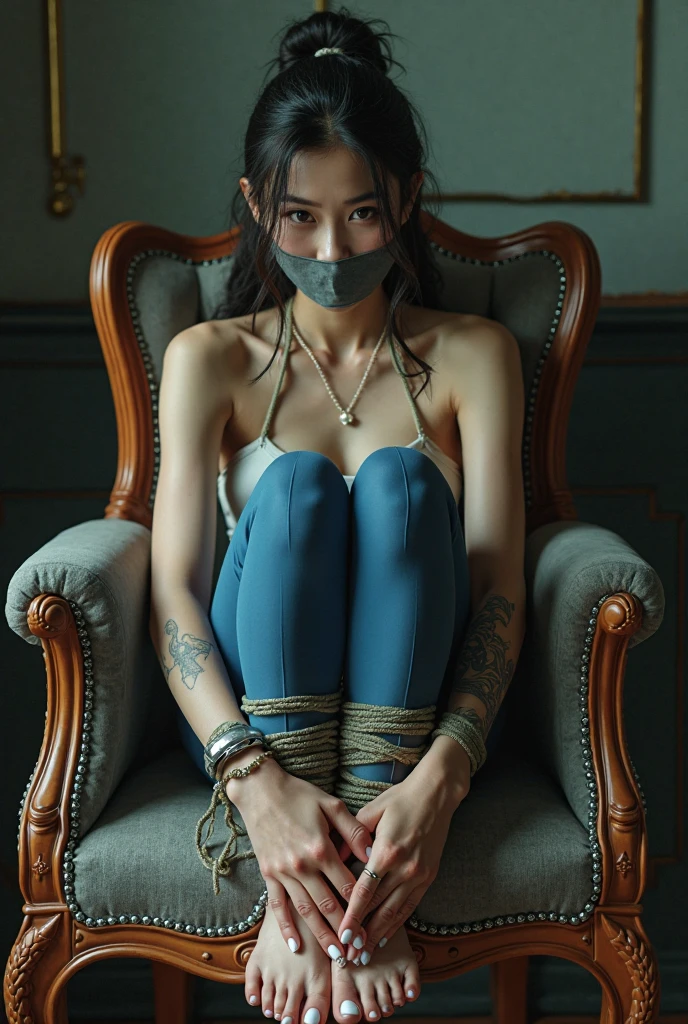Asian Black Hair Long Hair Chair In
Black underwear Blindfold Mouth Taped Hands Tied Backward With Rope