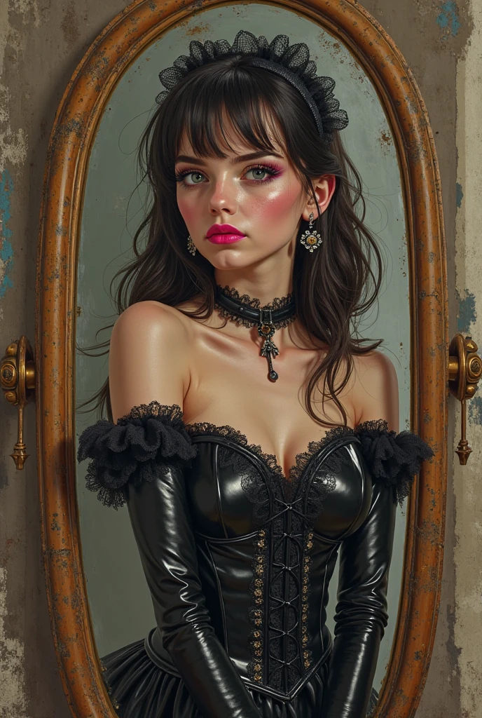 18-year-old girl in sexy gothic look models in an old Victorian dungeon,arms chained to the walls,highly erotic, BDSM,strap holders, strapse, corset