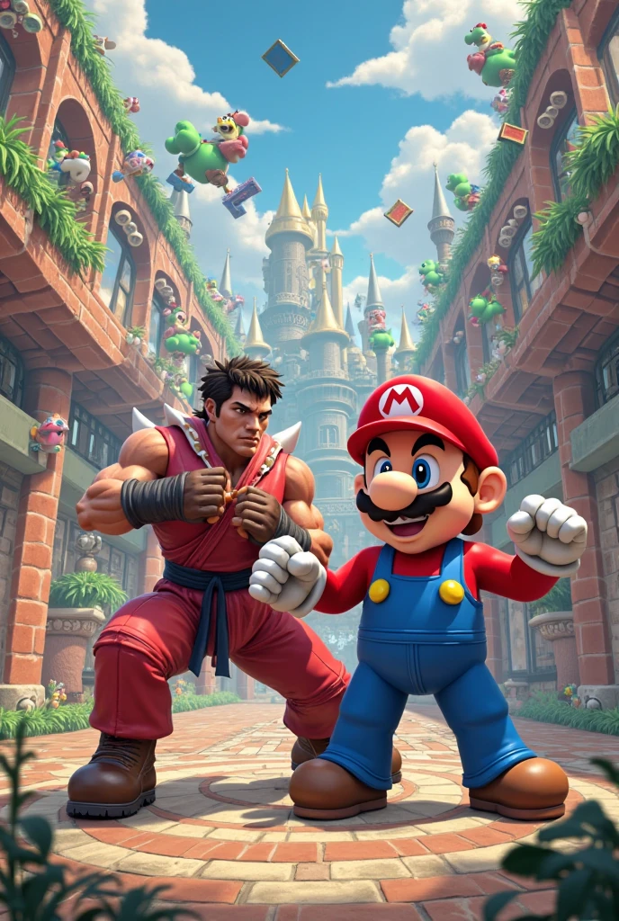 Gangsta Mario, with his left hand, stacking up W using his fingers, using typical Super Mario level for background. 