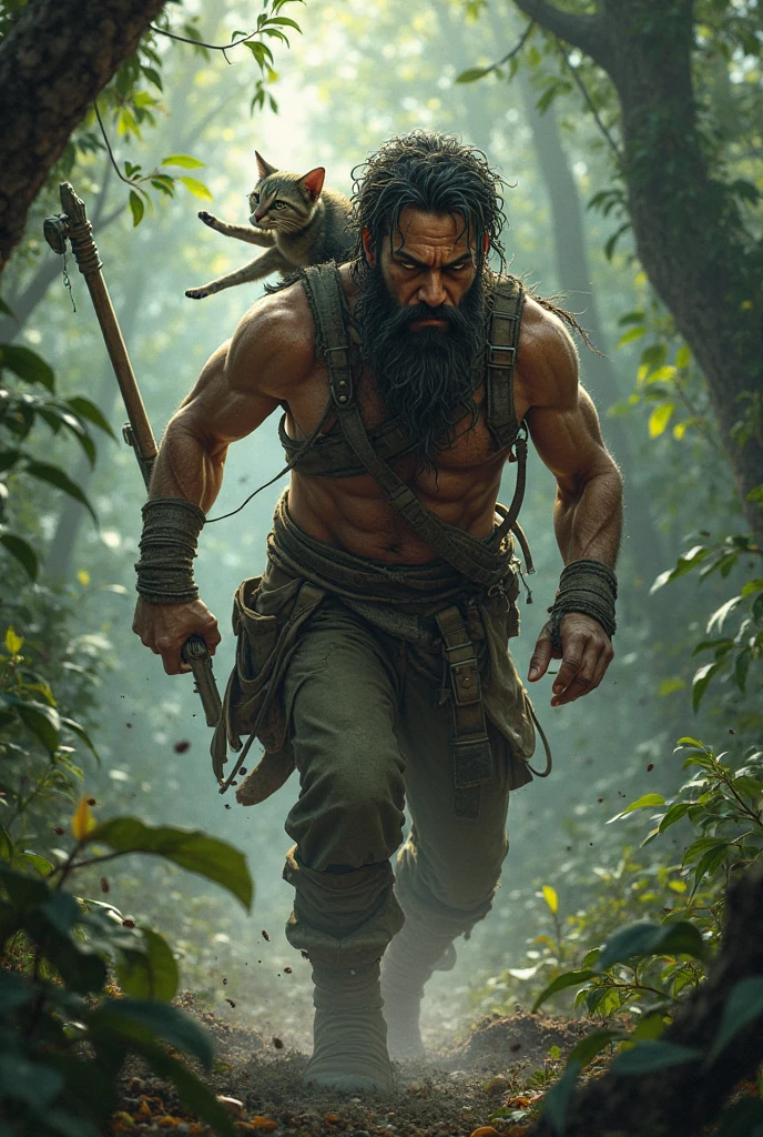 A man with dangerous look killing a animal in jungle 