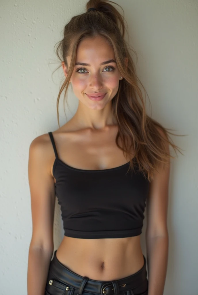 In her garden, a woman in her twenties takes selfies in various poses. She's dressed in vibrant Nike leggings, changing her tank top to different colors - first, a deep blue, then a bright yellow, and finally, a soft gray. Her long, wavy brown hair flows over her shoulders as she adjusts her position for each shot, holding an imaginary camera about 20cm away from her face and slightly elevated above her eye level.
In each photo, her hazel eyes reflect the soft natural light of the garden, sparkling with a genuine smile. The background features the lush green lawn with scattered flowers and glimpses of the entrance to her house, all bathed in warm, ambient lighting from the setting sun.