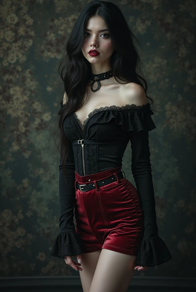 Pombagira Maria from cabaret with big black wavy hair, big black and red skirt and black corselet