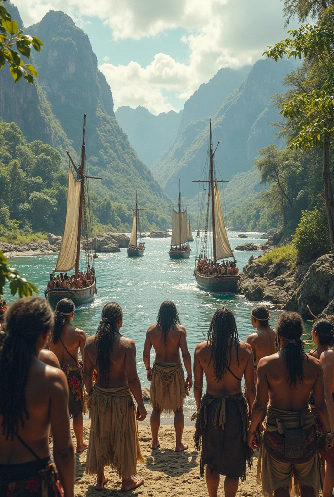 Portuguese sailors, in the sixteenth century, looking from the pros of their ships, scared indians on the beach, painted red and black and with feathers hanging from their waists