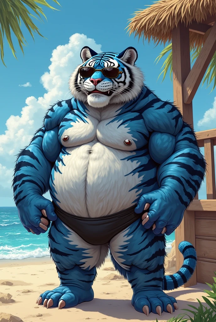 ((best quality)), ((masterpiece)), (Ultra detailed), ((4k)).

Anthro Wolf , Light Blue Fur , black Short Hair , Black Beard , Tiger Stripe Fur , Handsone , Good Looking , Green Eyes ,(Eyes Details), Middle Ages , Huge Pecs , Bodybuilder  , fat chubby , cute pose , sunglasses , Beach , neckless 