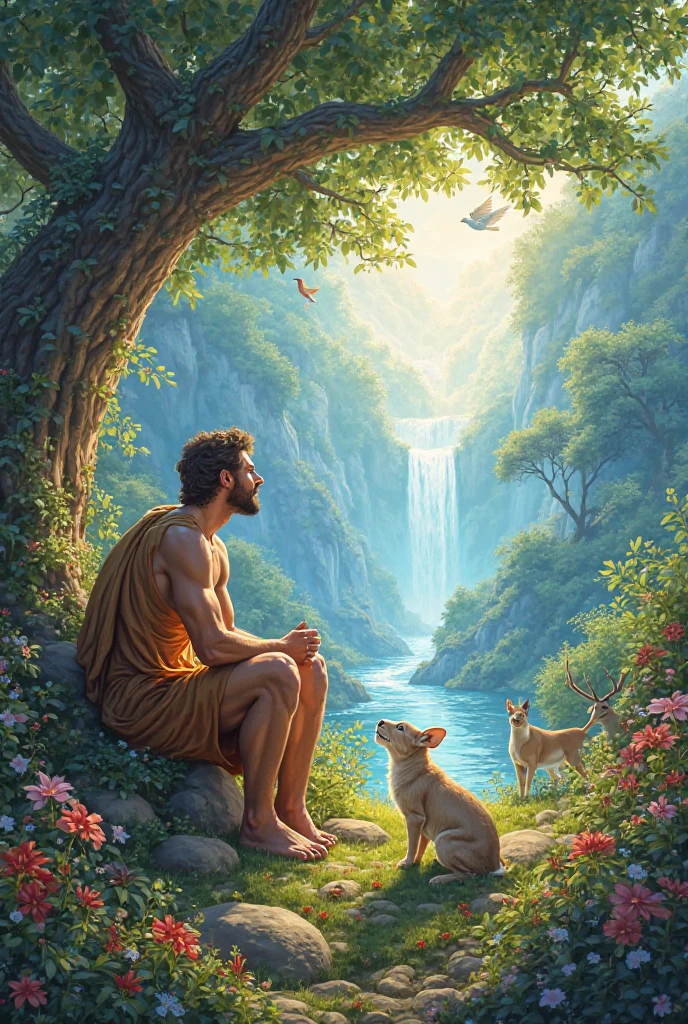 Adam in the Garden of Eden alone and watching the animals. With drawing details 