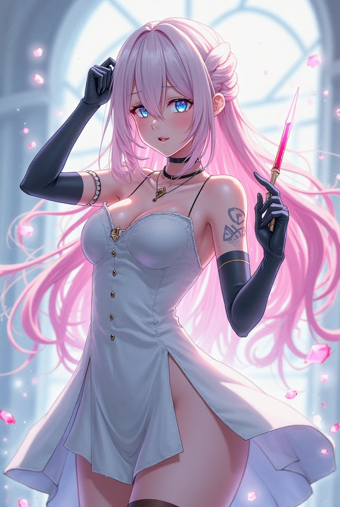 1girl,solo,glowing magenta eye,colored sclera,white hair, long hair,((pale skin,extremy white skin,hair over one eye,halo pink)), sharp teeth, open mouth,(medium breasts),((white bra,white bikini,hidden arms,white skirt,bare feet,villain,psycho,villain smile, psychopath)),(((standing in front a ruins in night,masterpiece,hd,best quality,8k,detailed face,close-up on face,face tilted forward,using magic)))