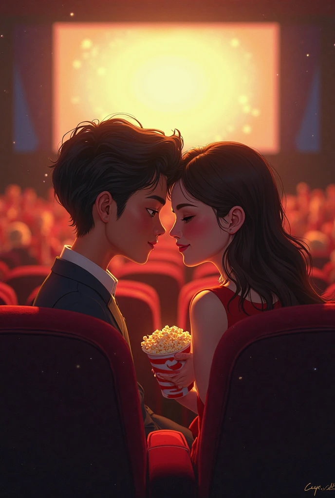 The boy and girl went to the movie which is surya's vaaranam aayiram tamil movie on theatre. They holding hands each other with full of love. White tamil boy and cute girl wearing white colour cloths