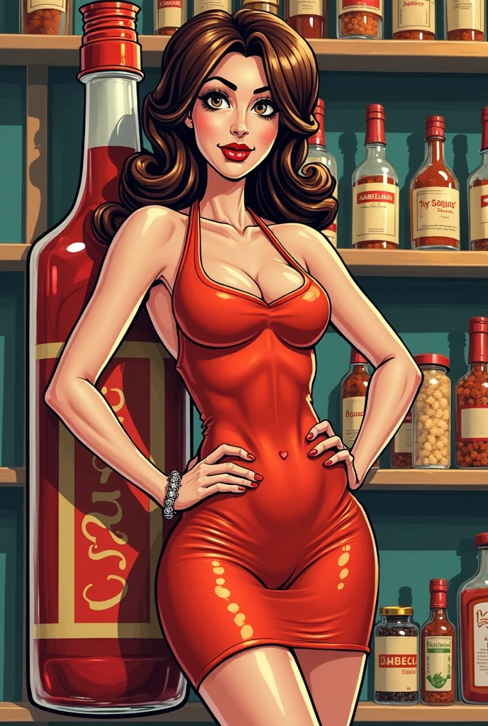 Masterpiece, best quality, 8k, Houdini render, beautiful women, slim figure, 80s style, big boobs, nice body, standing in bar, in red dress, deep cleavage, bottles in background
