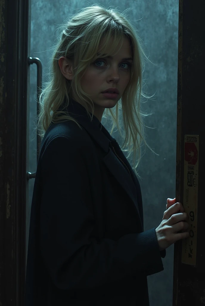  Beautiful blonde hair woman like Elle fanning wearing blue dress and coat crying sitting on the bench on street on street at night hourglass figure blue heels 1d