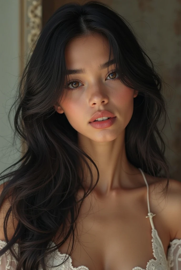 A girl with long blue hair. Her face is exquisite, with high cheekbones and smooth fair skin. Her large black eyes, framed by long thick eyelashes, are impressive and expressive, radiating calmness and confidence. Well-defined eyebrows curve gracefully above her eyes, adding intensity to her gaze. She has a small, straight nose and full, slightly parted lips that curve into a slight smile, revealing hints of mischief and allure. Her sharp jawline gives her face a sophisticated and elegant look. E-girl, fully body, pale skin, high detail, highly detailed, digital painting, blank background, black fingernails on fingers, black lipstick