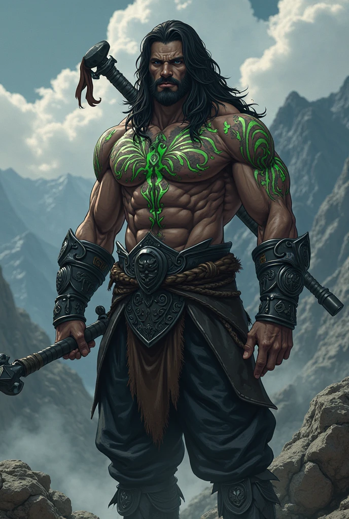 Pujiyanto, the Guardian of the Sacred Grove, is a figure of rugged strength and gentle grace. His dark, thick hair falls to his shoulders in untamed waves, and his rich emerald green eyes sparkle with the wisdom and vitality of the forest. His sun-kissed, earthy-toned skin speaks of countless days spent under the canopy of leaves, and his muscular build is honed by years of physical labor and combat training, yet he moves fluidly and quietly, like a predator in its natural habitat. He wears garments woven from sacred plant fibers, dyed in deep greens and browns, and a cloak made from the leaves of the oldest tree in the grove, offering both camouflage and protection. Tribal tattoos adorn his arms and neck, each symbol telling a story of his ancestors and their bond with the forest. He carries a staff carved from an ancient oak, imbued with magical properties, and a belt adorned with pouches of herbs and potions, embodying his role as a protector and healer. By his side, an otter, his faithful familiar, symbolizes his deep connection to nature and serves as both companion and guardian.