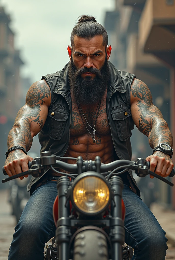 Homme longue barbe noire , oreilles legerement decolles . tatoué sur une moto regard enfantin 40 ans cheveux en crète courte , corpulance slim fast