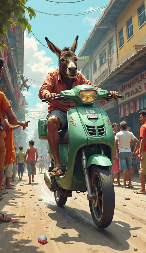 An elephant riding a tricycle with a hot dog in each hand and make the background mystical