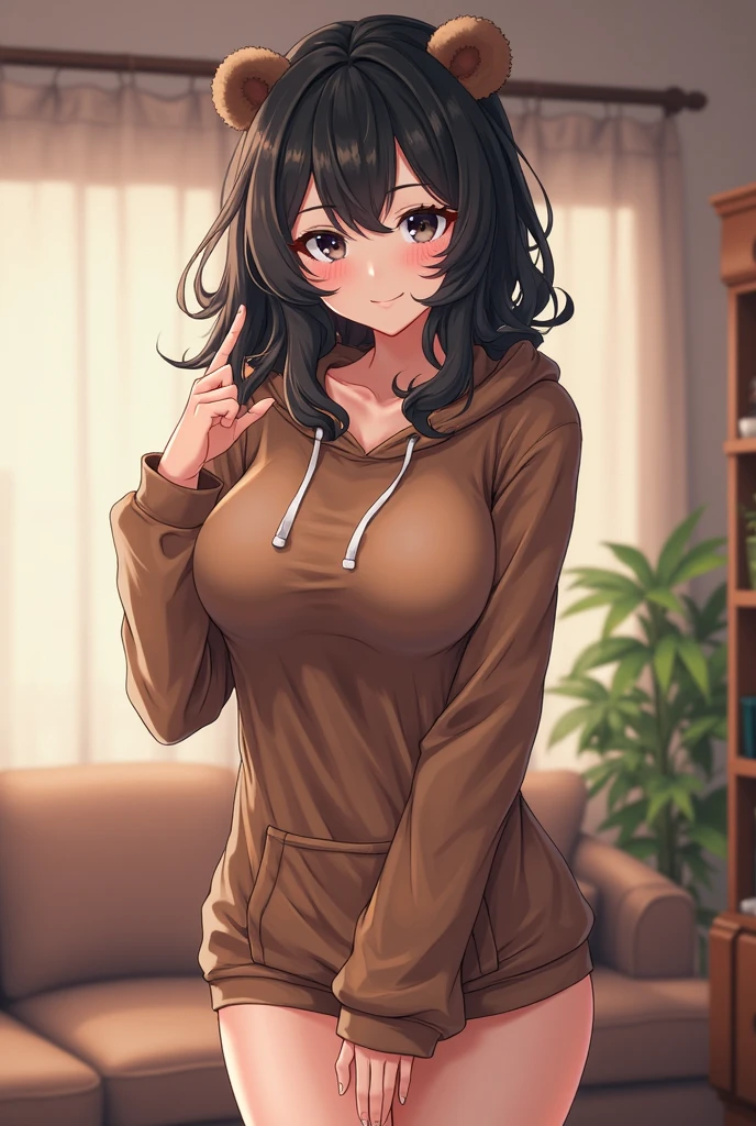 Adult anime girl latina. She has a black completely unzipped sweater on and nothing else on. She has big tits and a big ass. Her tits and pussy are partly covered by the sweater