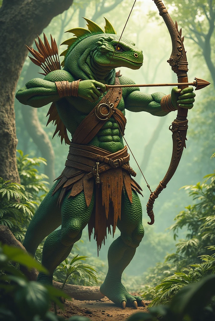 muscular lizardfolk archer with orange eyes and dark green skin