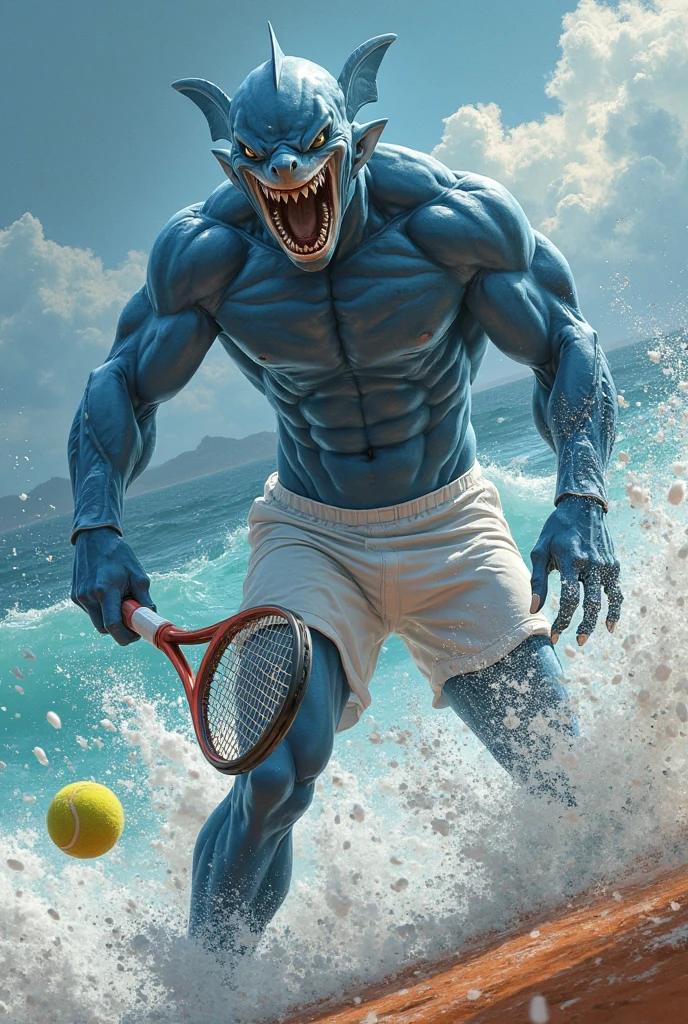 (best qualityer,4K,8k,high resolution,work of art:1.2),ultra detali,(realisitic,photorealisitic,photo-realisitic:1.37),Shark,Fitness,fashionable,Persuasive,illustration,Energetic,Expressive,confident,tropical,ocean,physically fit,Athletic,t-shirt shorts,weightlifting,Cardio exercise,determined,dynamic pose,blue color palette,Vibrant lighting Note: For quick translation: Shark Fitness, cool and Persuasive