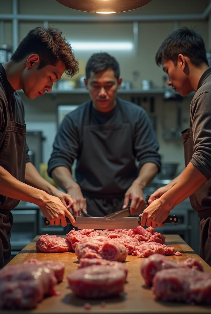 Naked handsome bearded athletic men eating raw meat feast, black background candles sophisticated
