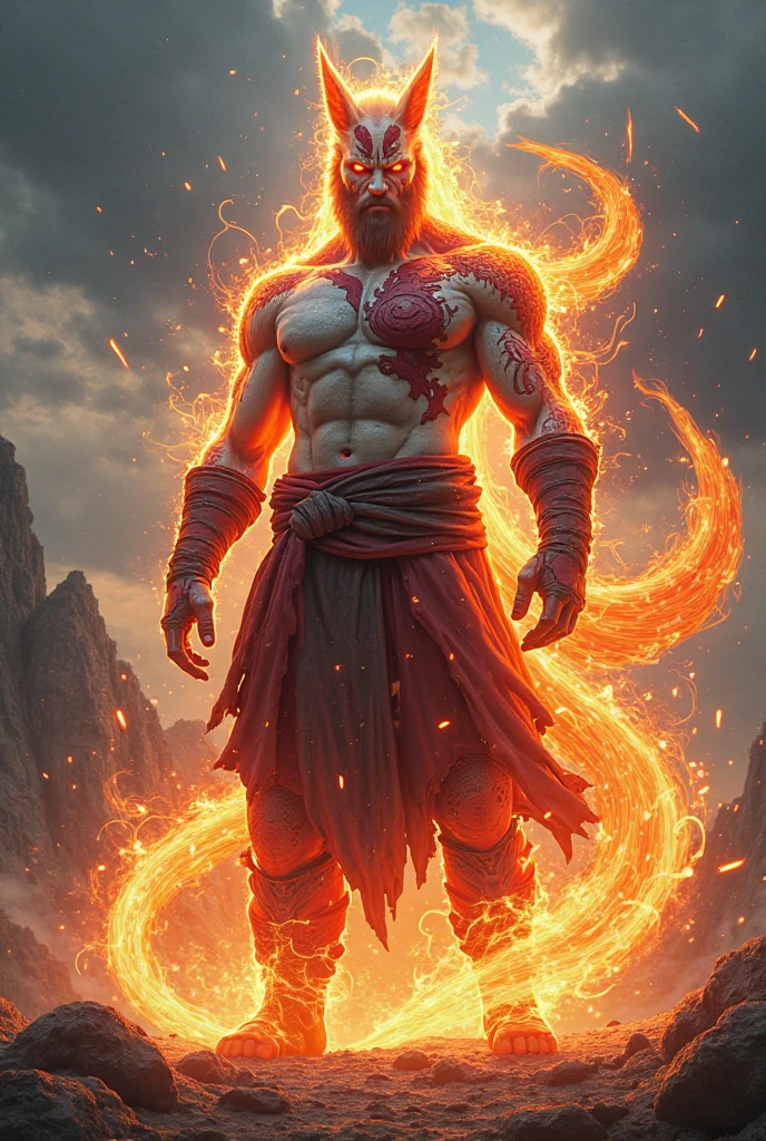 A strong, determined individual standing tall in front of towering boulders. The person is surrounded by flames of passion, with glowing embers floating around. The boulders symbolize life’s obstacles, but they are cracking and shifting beneath the pressure of the person’s unwavering willpower.