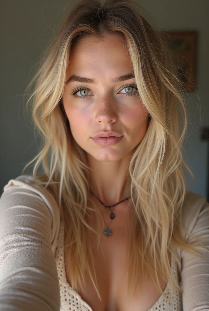 beautiful photo of a natural good looking girl, Wearing a loose crop top, Long blond hair with bangs, light grey/brown eyes, Point your eyes at the camera, Eyes symmetrical, Face symmetrical, Photorealistic, Cameraman, Route tracking, Reflective lighting, Volumetric light for the face, Guide through the hair, Visible shadows, Complicated, Elaborate, skin imperfections, closed mouth, sitting on a meadow, sunlight