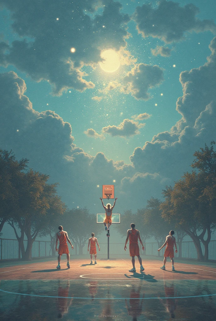 A basketball court at night with intense math and one dunking on another and coach with ref