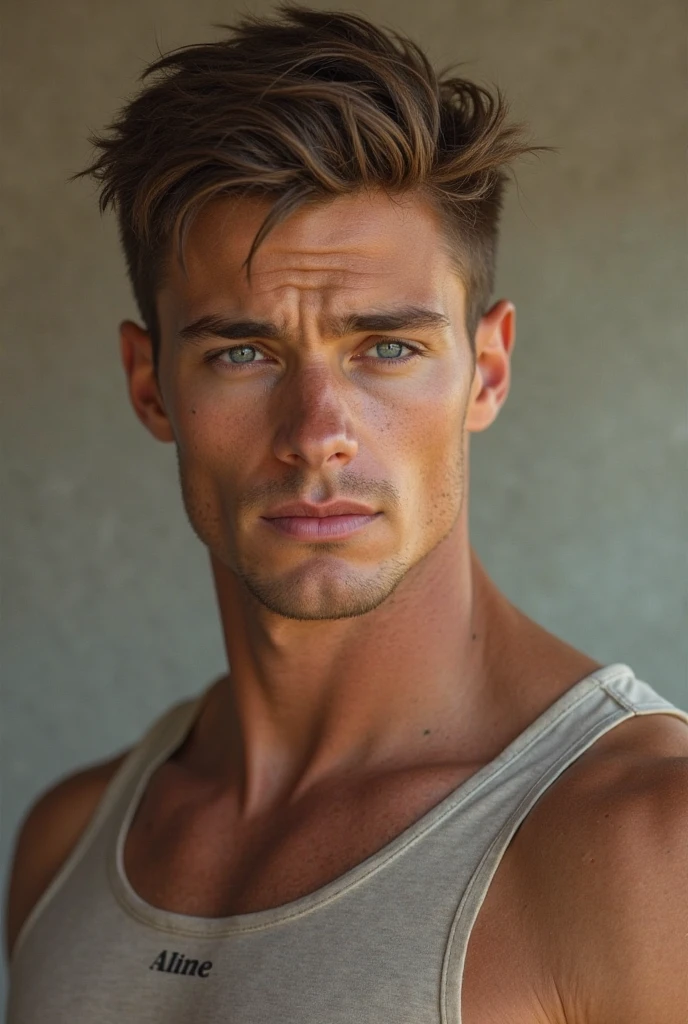 Sensual photo of a slim man with light brown straight hair, He is in a backyard in the favela , he is naked, He is looking sensually at the camera, homem gay sensual  ,smells underwear
