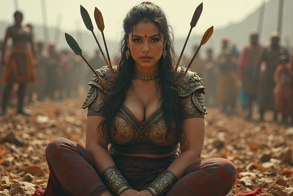Beautiful Gorgeous Indian actress as kunoichi, in warrior costume, with Armour, fighting in battle field, slim figure, pretty face, big natural sagging breasts, angry look, bright eyes, brown lipstick, 4K details,