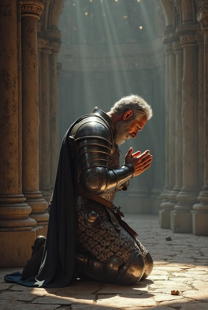 a long-haired warrior man dressed in medieval clothing lying down saying a prayer inside a dark style temple