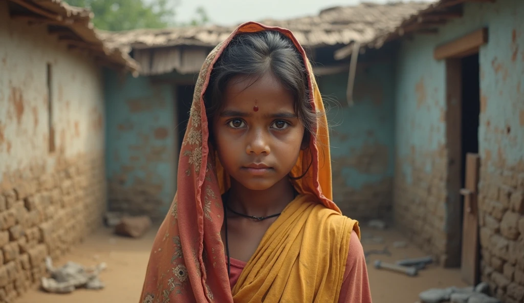 "Help young lives affected by the floods in Bangladesh. Your support can bring hope and relief to children like her. Donate now to make a difference." (Concrete dark room)、　((Face close-up))　