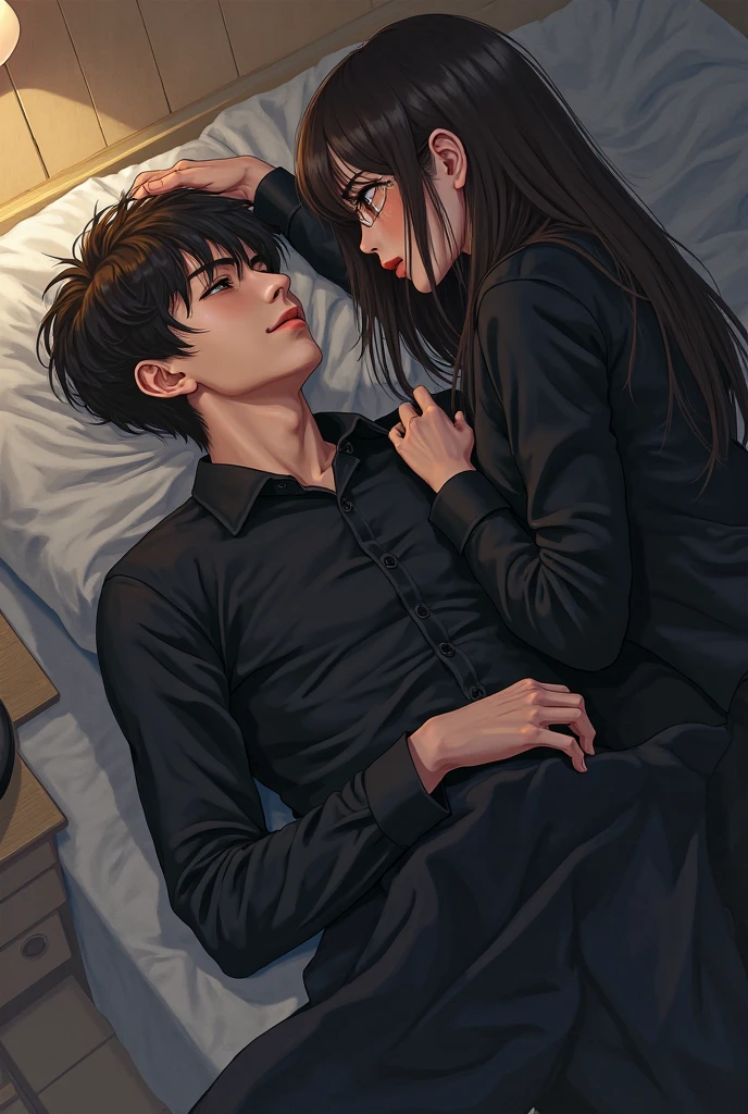 college student couple、lover、black hair girl、cute、droopy eyes、tall man、Handsome guy、detailed face、pajamas、Girl in white、man in black、on the bed、kiss