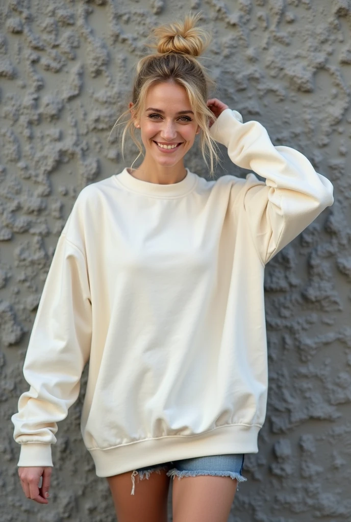 photo of beautiful (Al3xGr3y-135:0.99), smiling, (blonde:1.2), a woman, perfect hair, (modern photo), wearing a (crew neck sweatshirt:1.2) and long pants with jewelry, portrait, 85mm, (analog, cinematic, film grain:1.3), (Post-Apocalyptic Wasteland, Desolate landscape with crumbling structures, overgrown flora, and polluted sky.), detailed eyes, professional pose, painted lips, (epiCPhoto), (looking at viewer:1.1), (cinematic shot:1.3), (natural lighting, lit from above), <lora:add_detail:0.5>