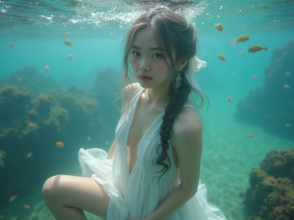 alone, deep sea, coral reef, Free Diving, White fairy dress, arrive, weightlessness, ((best quality, 8K, masterpiece: 1.3)), Low Angle Camera, A woman, Leave the country whole body，Delicate legs，long legs，long hair, crawl, underwater photography, Underwater perspective, Underwater perspective, Floating underwater, sleeveless，Nice fish，colorful coral，Colorful fish，Guppies，Butterflyfish，
