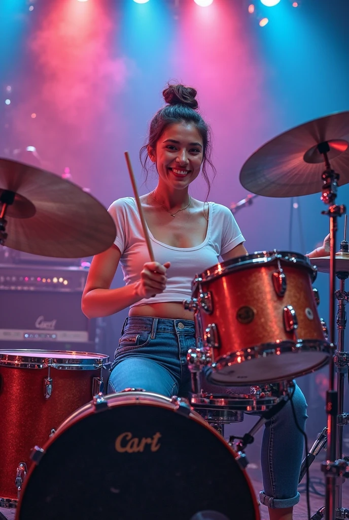 A rocker woman in a rainbow swimsuit heartily playing the drums while holding drumsticks at a nighttime rock concert
