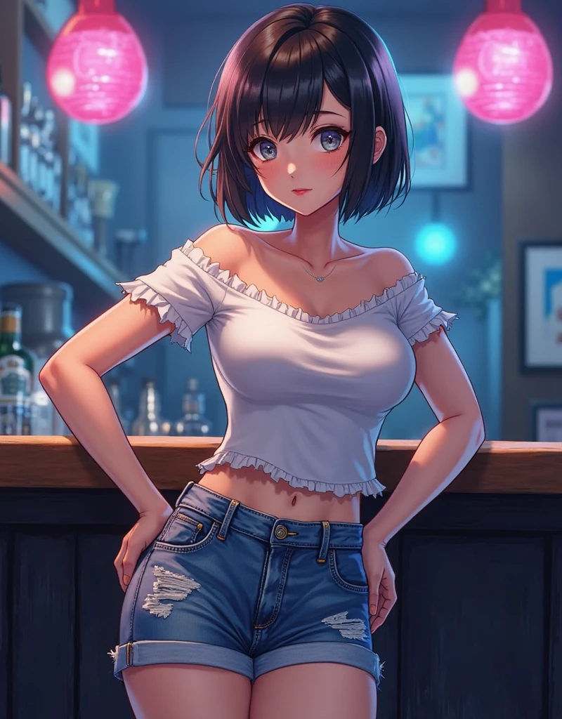 (best quality, ultra-detailed, photorealistic: 1.39), bright and vibrant colors, studio lighting, romantic expression, An effeminate girl, with a delicate and beautiful face. She is a girl who reflects seductive beauty, sparkling eyes, A beautiful adult woman beautiful and silky and voluminous short wavy black hair, with her large breasts seduces, Denim jacket, lace strapless blouse, white pleated skirt, socks with supports, with her blue eyes that matches her soft smile, in a beautiful pose, the garden at night, private party in the garden, tables and chairs , night with soft lighting, anime style, like a manwha character
