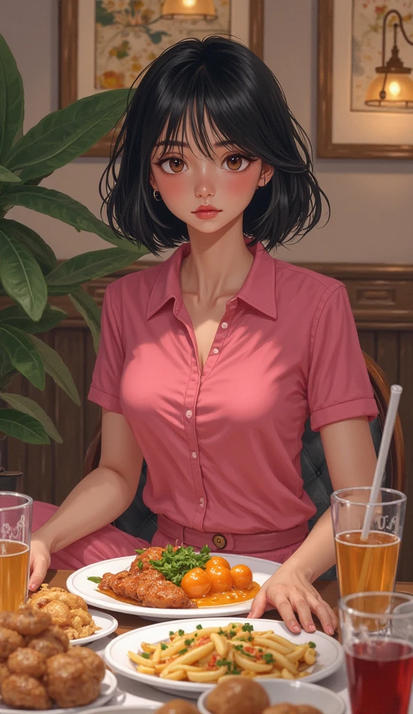 Female character holding fork and knife, facing the front, eating on the table and looking at the plate of food