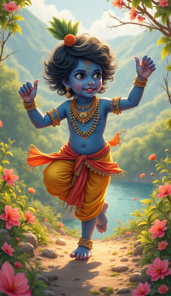 Little Krishna is laughing and playing and dancing