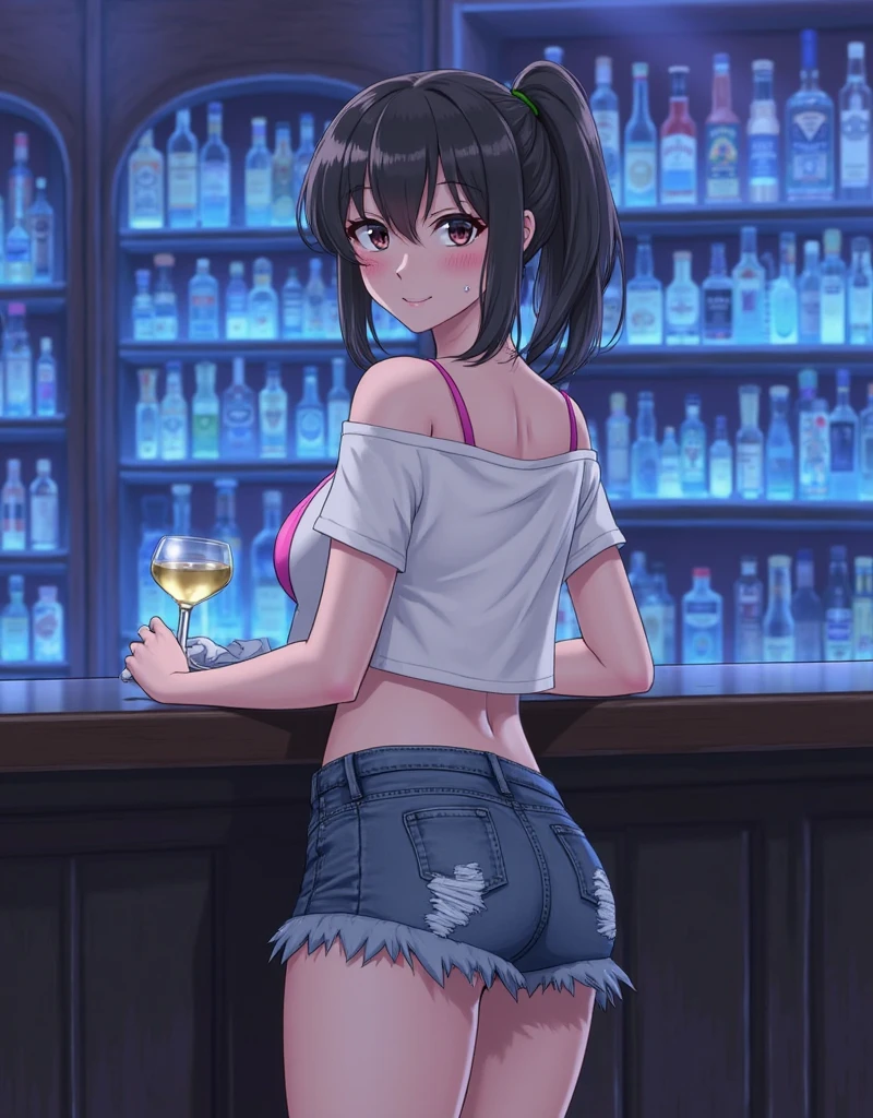 (from below:1.2),(from side:0.9), ((Face)), (Close-Up:0.4), masterpiece,"A 22-year-old girl stands at a bar counter. She is dressed in a stylish off-shoulder dress, sweater dress, off-shoulder sweater, white sweater,garter stocking, midriff, black skirts, white thighhighs, thigh strap, pretty girl, (highly detailed beautiful face and eyes,firm breasts),real skin,((black,hair,long pony tail hair)),thin pubic hair,cute and lovely pose, detailed eyes, This masterpiece is only visually stunning but also tells,(double breasted:0.6,under bust:0.6,cleavage:1.1,),(small breasts:1.2),(perky chest:1.1), (pointed chest:1.3), medium hips, glamorous body,(with sparkling eyes and a contagious smile),open mouth,The bar is beautiful, with colorful bottles of alcohol in the background and a soft glow from neon lights. The atmosphere is relaxed, and the girl looks confident and fashionable.",full body, sexy pose,make a cocktail , in a bar counter, Looking at Viewer,
