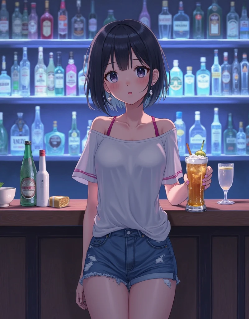 a girl with dark brown hair, short and curly, with freckles, no bangs. dark brown eyes. She is sitting in a bar, small breasts